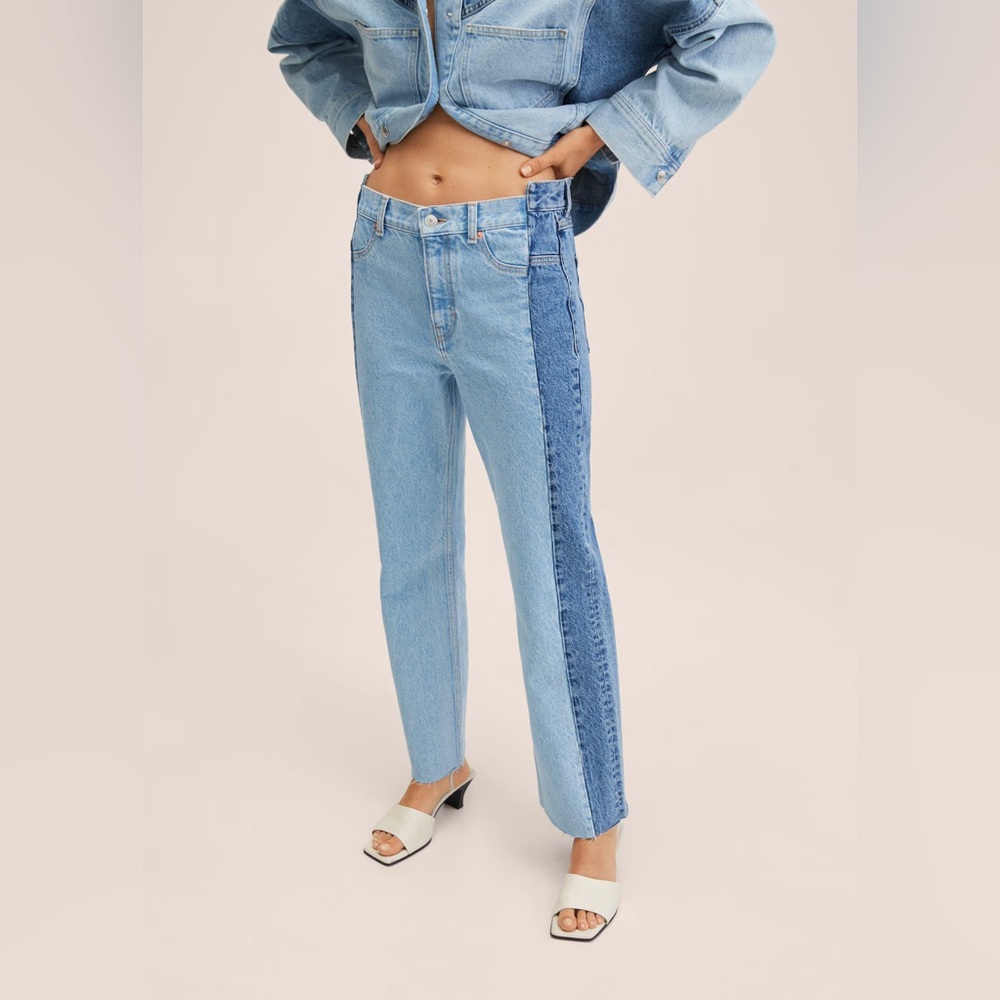 Mango High Waist Crop Two-Tone Jeans